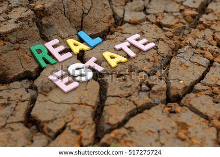 Words REAL ESTATE on cracked soil/land/earth. Conceptual. Business.