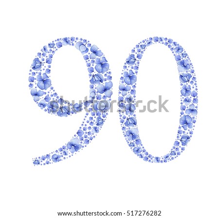 Blue floral watercolor hydrangea number 90. Aquarelle birthday ninetieth anniversary  & flowers.  birthday party invitation card template or wedding table number. Grandmother or grandfather birthday.