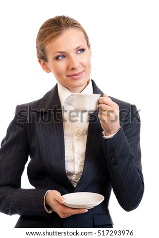 Businesswoman with coffee, isolated on white background. Success in business concept studio shot.