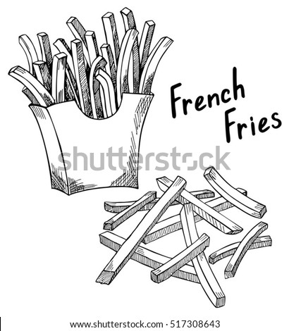 French Fries sketch, hand drawn fast food vector illustration. French fries in the package and in bulk. Outline sketch. Black lines. Royalty-Free Stock Photo #517308643