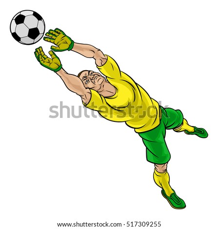 A soccer football player goalkeeper cartoon character saving a goal
