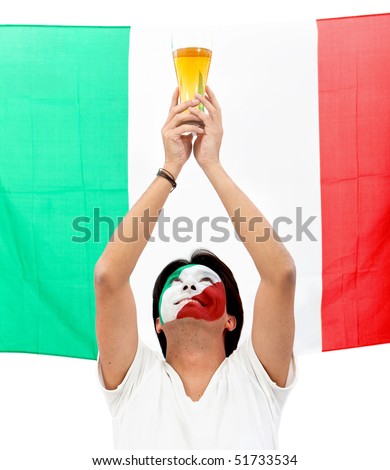 Portrait of a man celebrationg with the italian flag painted on his face isolated over white