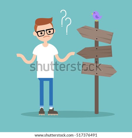 Young concerned nerd trying to find the right direction / editable flat vector illustration, clip art