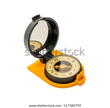 Photo of new plastic compass with mirror isolated on white background