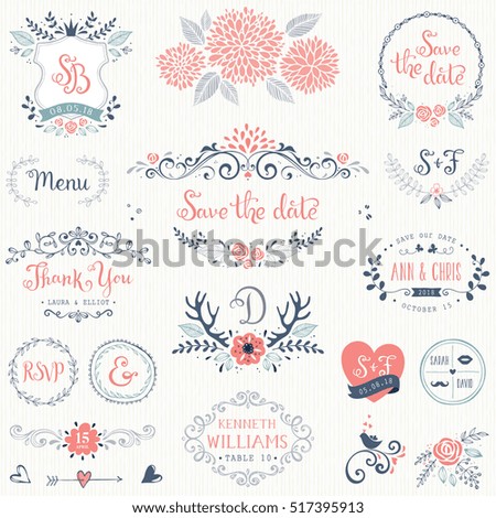 Hand drawn rustic wedding collection with typographic design elements. Ornate motives, branches, wreaths, monograms, frames and flowers. Royalty-Free Stock Photo #517395913