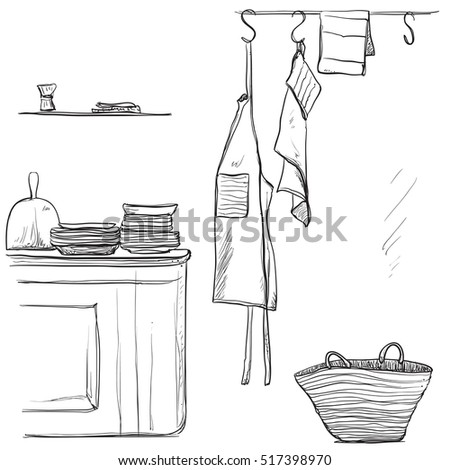 Textiles apron. Hand drawn kitchen interior. Dishes