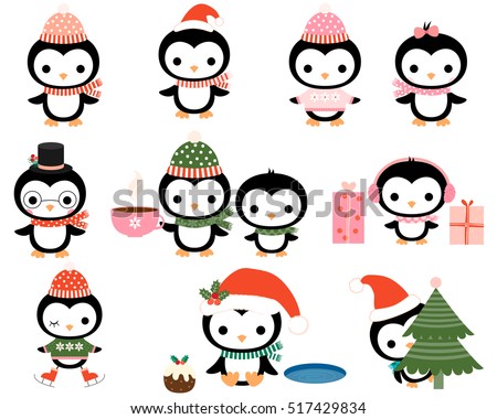 Cute Christmas penguins with scarves, hats, headphones, skates in flat style for greeting cards, invitations and baby shower designs
