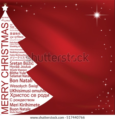Merry Christmas and Happy New Year text  word Tag Cloud shaped as a tree, vector. Winter holiday background.
