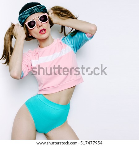 Playful brunette Girl, teen hipster trend outfit, skateboarding fashion positive mood, Amazing model in panties Vanilla style