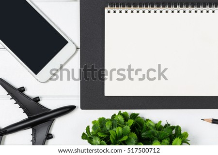 Item of business essentials for business man top view photography on white wood table background.