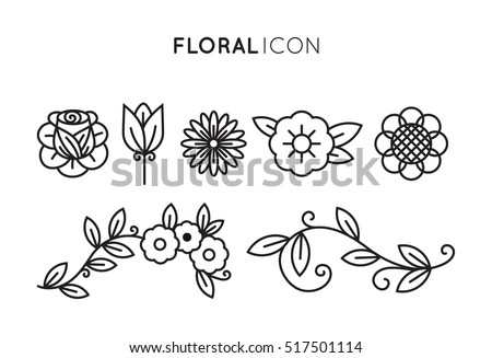 Set of floral icon in flat design. Thin line style
