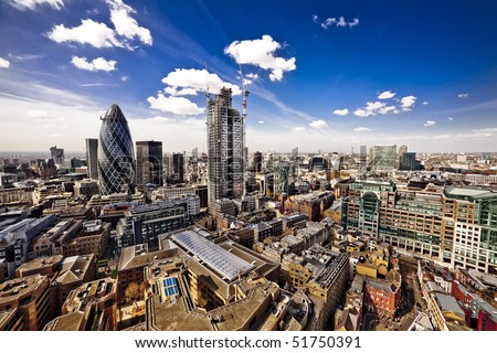 City of London, wide angle view of the capital, looking West towards St. Paul's cathedral. Interest rates, high rents, cost of living, economy, finance and inflation