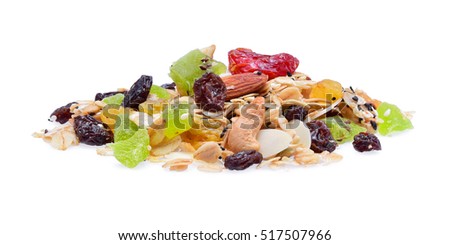 Mix Snacks, Mixed dried fruits and grains, cereals, sesame, wheat, nuts, almond  isolated on white background.