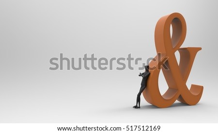 Black And Orange 3D Illustration Of A Mannequin Person Leaning On A Giant Ampersand With A Light Masked Transparent Background