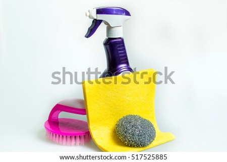 Cleaning Set. Tools for cleaning. Cleaning agents, spray, rubber gloves on a white background.