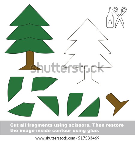 Use scissors and glue and restore the picture inside the contour. Easy educational paper game for kids. Simple kid application with Fur Evergreen Tree.