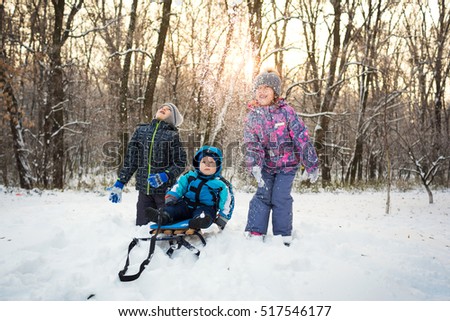 Three children on a walk in a winter park. A little baby sits on a sled, two playing snowballs.