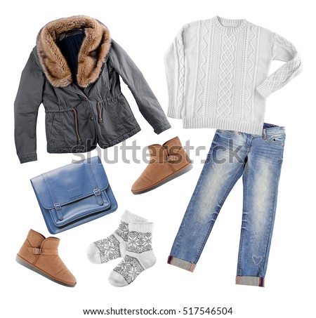 Set of stylish winter clothes on white background. Style and fashion concept.