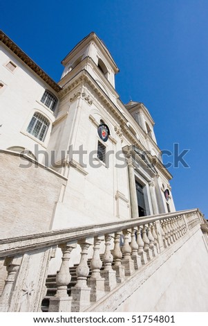 Church of Triniti dei Monti, Rome, Italy. Low angle perspective of exterior stairway.