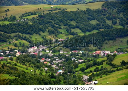 city in the mountains of the Carpathians in Ukraine. The view from the heights.