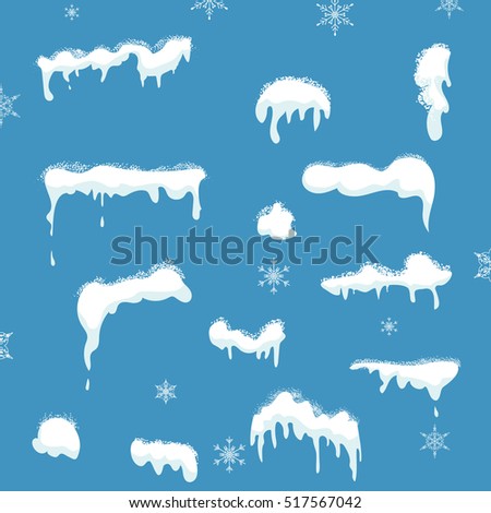 Set of Snow elements, Snow caps, snowballs and snowdrifts with falling snowflakes isolated on gray background for design and decoration of Christmas greeting cards.  Illustration.