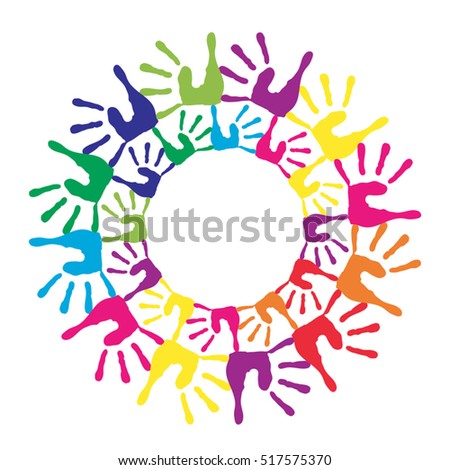 Vector concept or conceptual circle spiral of colorful hand prints made by children isolated on white background for paint, handprint, symbol, people, identity, together, friendship, play, fun designs