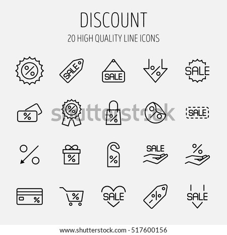Set of discount icons in modern thin line style. High quality black outline sale symbols for web site design and mobile apps. Simple linear discount pictograms on a white background.