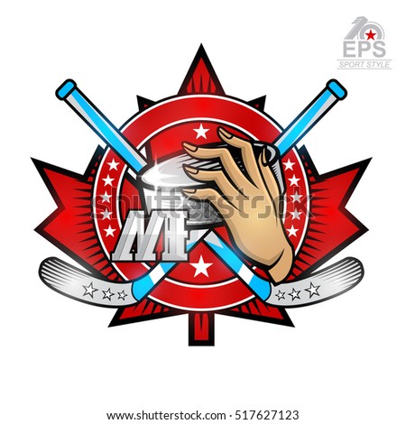 Hand hold hockey puck with crosses hockey stick on red maple leaf and letter m. Vector sport logo isolated on white for any man team or competition