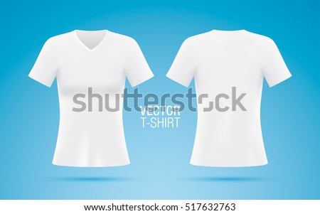 Women's V-neck T-shirt vector template. Short sleeve white T-shirt realistic mockup, isolated on a blue background. Front & rear sides.