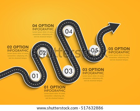 Road way location infographic template with a phased structure. Winding road timeline. Stylish Serpentine in the form of arrows. Vector EPS 10 Royalty-Free Stock Photo #517632886
