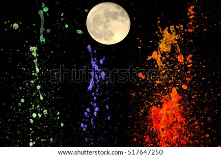 Italy - Milan - full moon and colorful water splash red green and blue rgb color -  amazing nature night time 