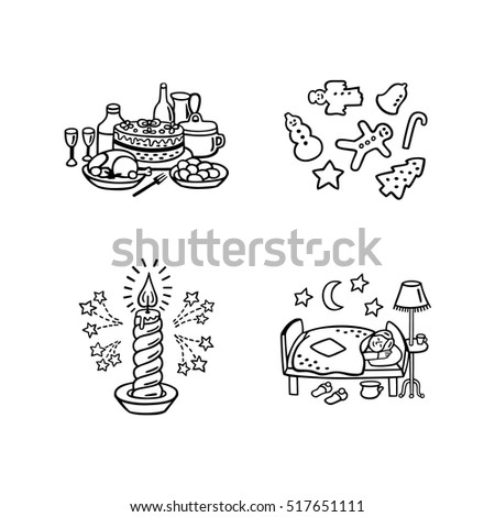 Christmas food and objects. Vector set of isolated ginger cookies, Christmas eve meal, cute night scene with a girl sleeping in bed and sparkling candle. Black and white icons for winter design