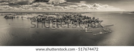 Aerial panoramic view of Oxford, Maryland with vintage look. 