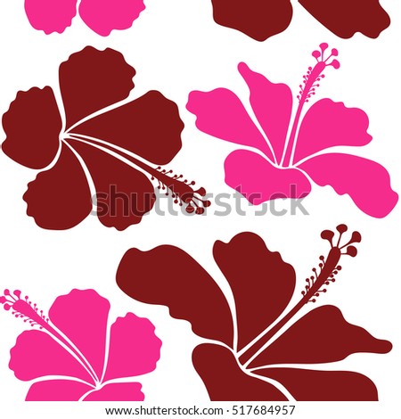 Bright hawaiian design with vector tropical plants and hibiscus flowers in red and pink colors on a white background.