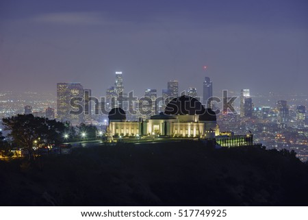 Los Angeles downtown nightscape with Griffin Observatory, California