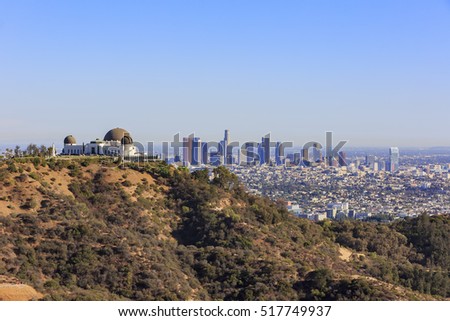 Los Angeles afternoon cityscape with Griffith Observatory, California