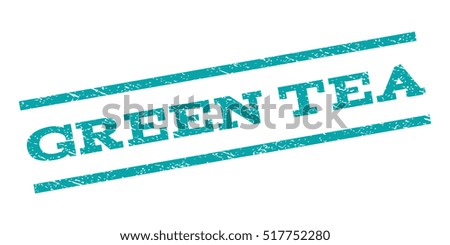 Green Tea watermark stamp. Text caption between parallel lines with grunge design style. Rubber seal stamp with dust texture. Vector cyan color ink imprint on a white background.