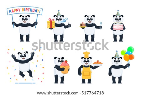 Set of panda characters posing in different situations. Cheerful panda celebrating birthday, holding birthday banner, cake, gift box, present, cupcake, pie, balloons, jumping. Flat vector illustration