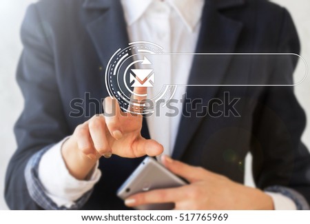 Exchange synchronization empty blank mail business concept on virtual screen, Businesswoman presses email icon with circle arrow. Post template for text, mock up, envelope e-mail technology.