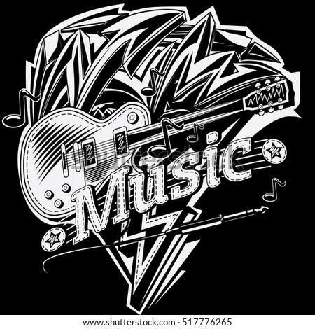 Music emblem with guitar and graffiti arrows