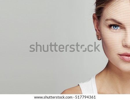 Beauty portrait of young female face with net. Anti aging, skincare, reflexology concept.  Royalty-Free Stock Photo #517794361