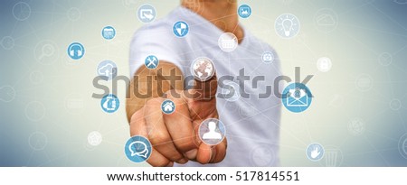 Businessman touching multimedia network with his finger 3D rendering