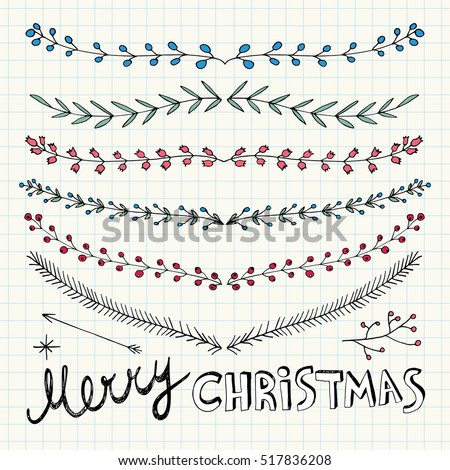 Hand Drawn Christmas Decorative Elements, Doodles and Borders