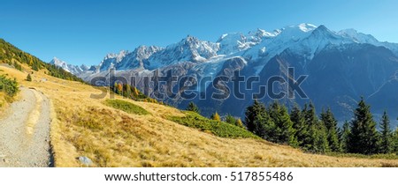 View of Mont Blanc from chalets des Chailloux in autumn, Chamonix, France