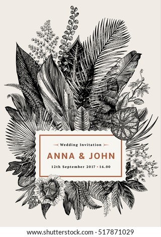Vector vintage card. Wedding invitation. Botanical illustration. Tropical leaves. Black and white. Royalty-Free Stock Photo #517871029
