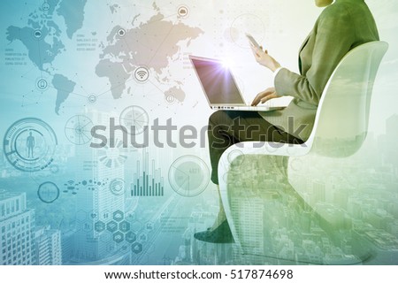 double exposure of smart city and business woman holding smart phone, futuristic GUI(Graphical User Interface), IoT(Internet of Things), technological abstract