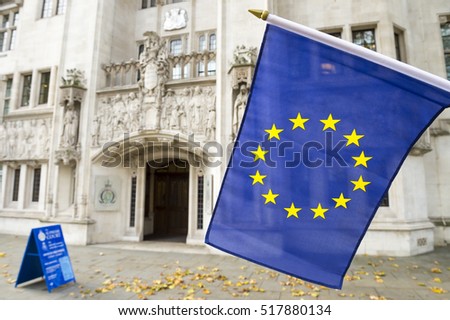 European Union flag flying in front of The Supreme Court of the United Kingdom in the public Middlesex Guildhall building in Parliament Square in London