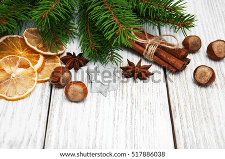 baking concept  - spices for christmas cookie and green pine tree
