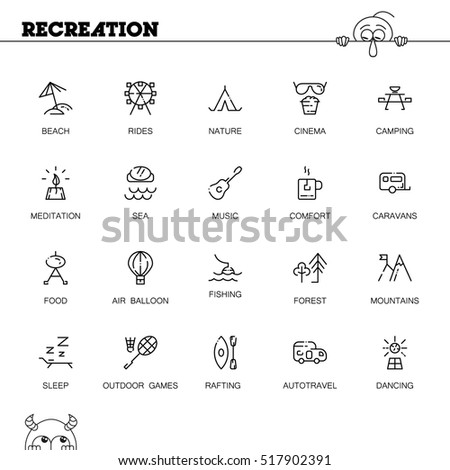Recreation flat icon set. Collection of high quality outline symbols of sports and tourism for web design, mobile app. Vector thin line icons or logo of forest, fishing, beach, sea, etc. 