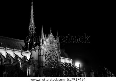 Notre Dame Cathedral and full moon. Paris (France) Black and white historic photo.